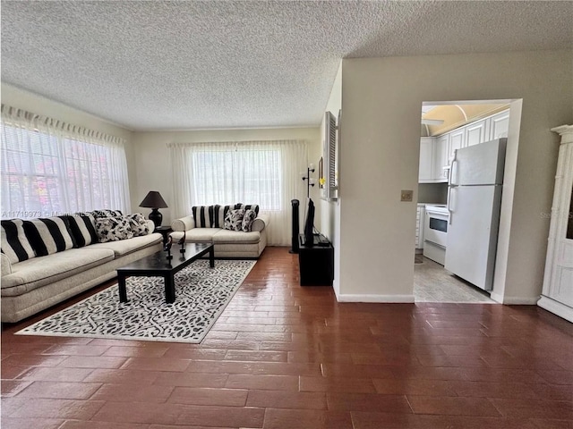 living room with a textured ceiling and hardwood / wood-style flooring