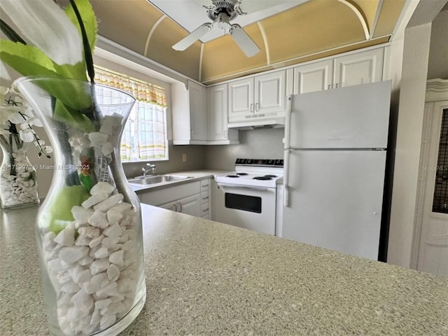 kitchen featuring ceiling fan, white cabinetry, white appliances, and sink