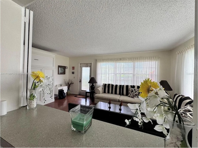 living room with a textured ceiling