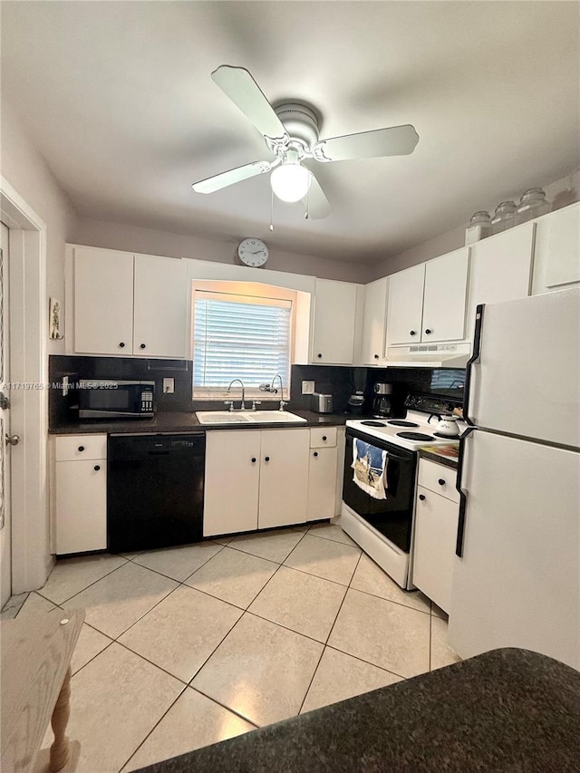 kitchen featuring white cabinets, white appliances, ceiling fan, and sink