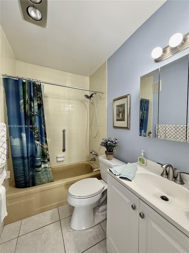 full bathroom with toilet, vanity, shower / tub combo with curtain, and tile patterned flooring