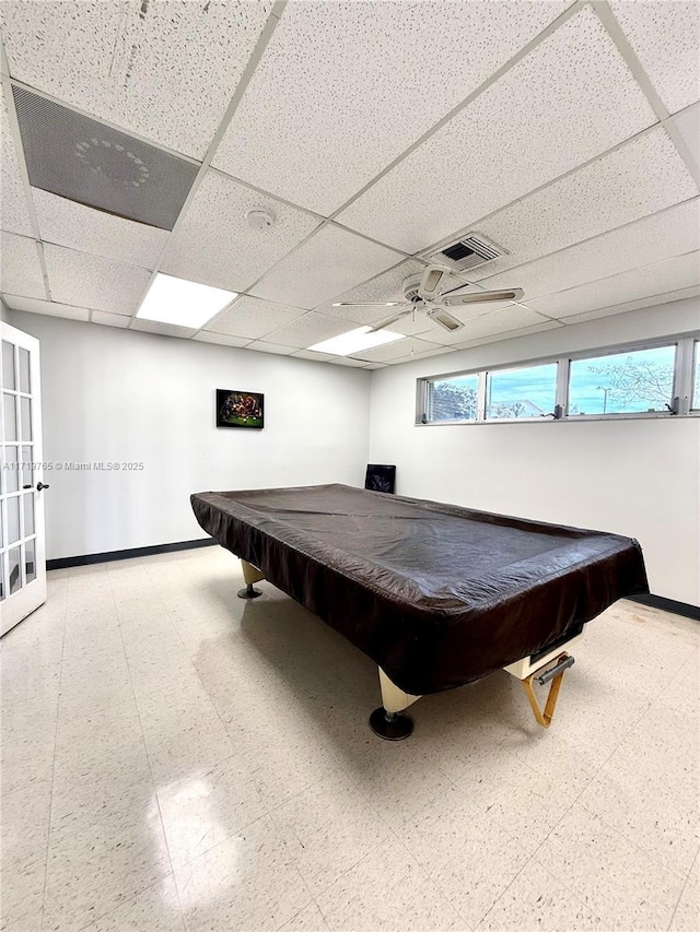 playroom featuring ceiling fan, a drop ceiling, french doors, and billiards