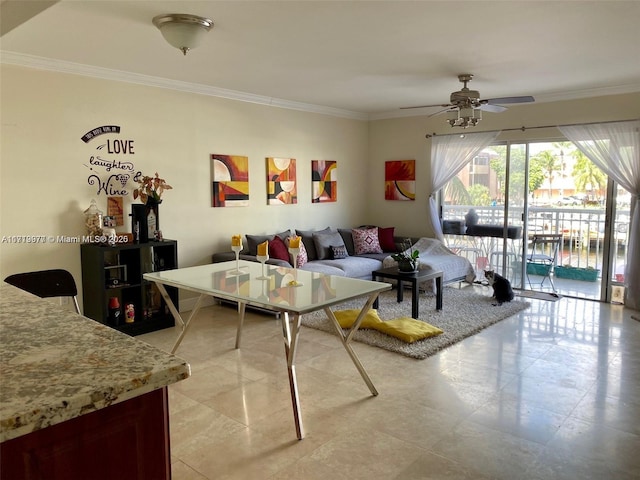 living room with ceiling fan and ornamental molding