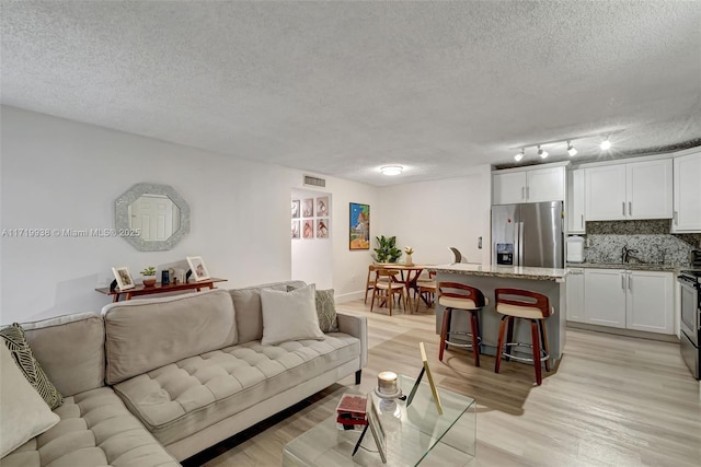 living room featuring light wood-type flooring and a textured ceiling