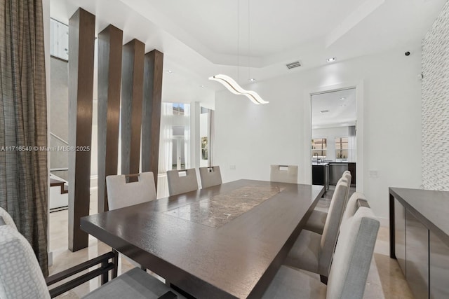 dining room featuring a raised ceiling and plenty of natural light