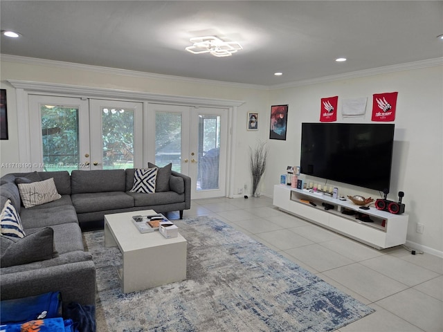 tiled living room with french doors and ornamental molding