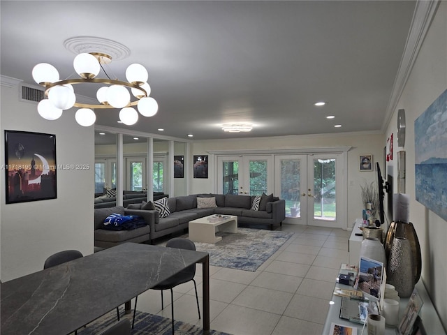 tiled living room with french doors, an inviting chandelier, and ornamental molding