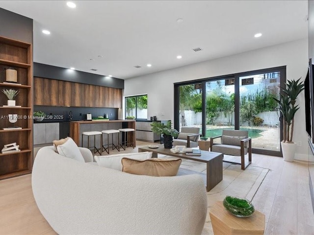 living room with light hardwood / wood-style flooring