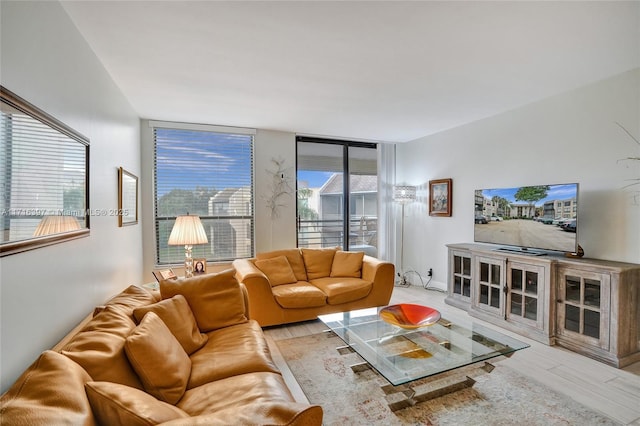 living room with light wood-type flooring and floor to ceiling windows