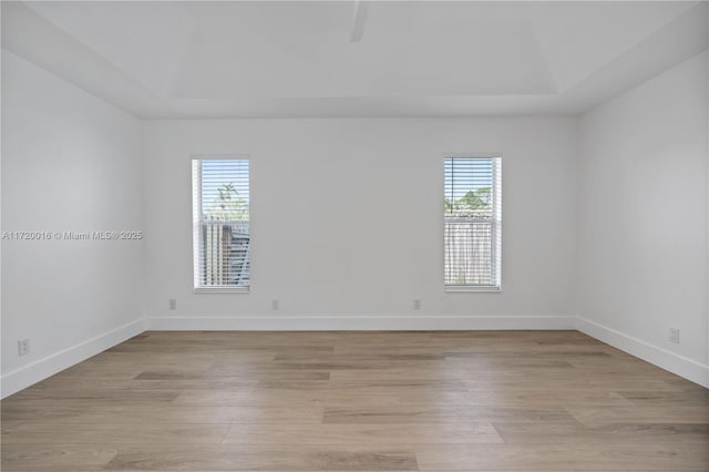 empty room featuring light wood-type flooring and a tray ceiling