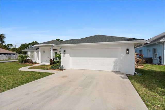 single story home featuring a front yard and a garage