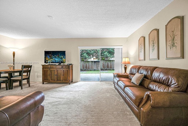 carpeted living room featuring a textured ceiling