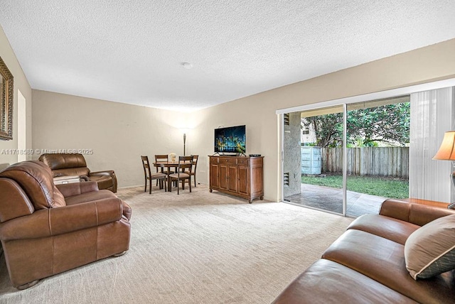 carpeted living room featuring a textured ceiling