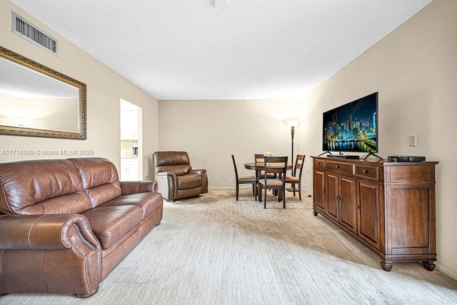 living room with a textured ceiling and light carpet