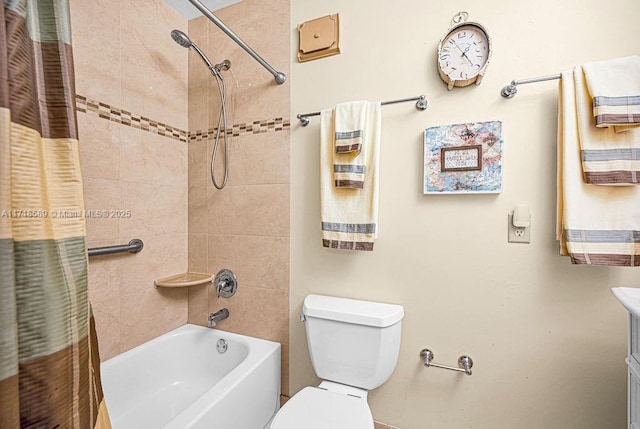 full bathroom featuring vanity, shower / bathtub combination with curtain, and toilet