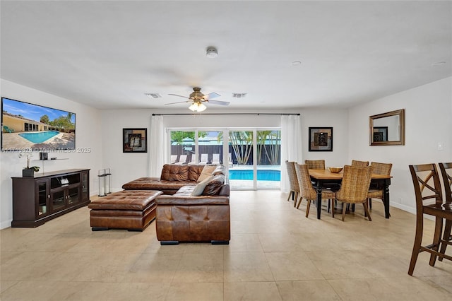 living room featuring ceiling fan