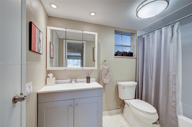 full bathroom featuring tile patterned flooring, vanity, shower / bath combination with curtain, and toilet