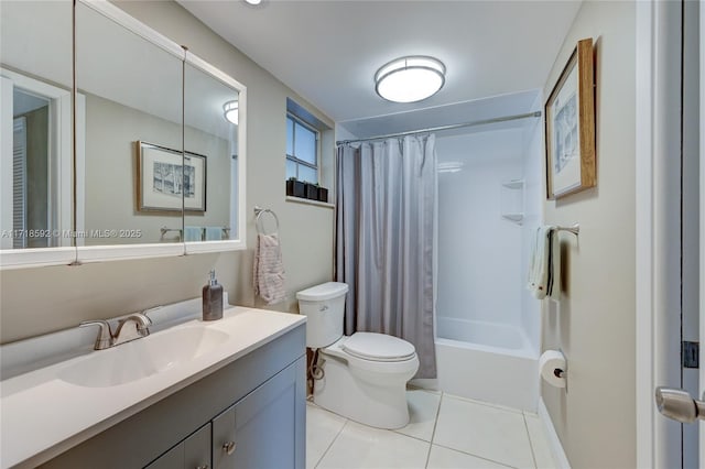 full bathroom featuring vanity, tile patterned flooring, shower / bathtub combination with curtain, and toilet