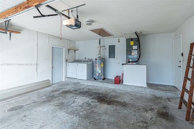 garage with gas water heater, heating unit, washer and clothes dryer, electric panel, and a garage door opener