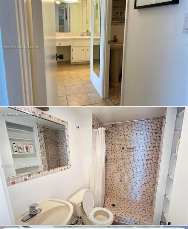 bathroom featuring a shower with shower curtain, tile patterned flooring, toilet, and sink