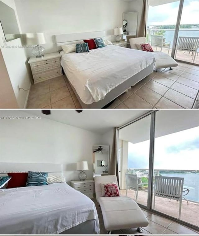 tiled bedroom featuring access to exterior and a water view