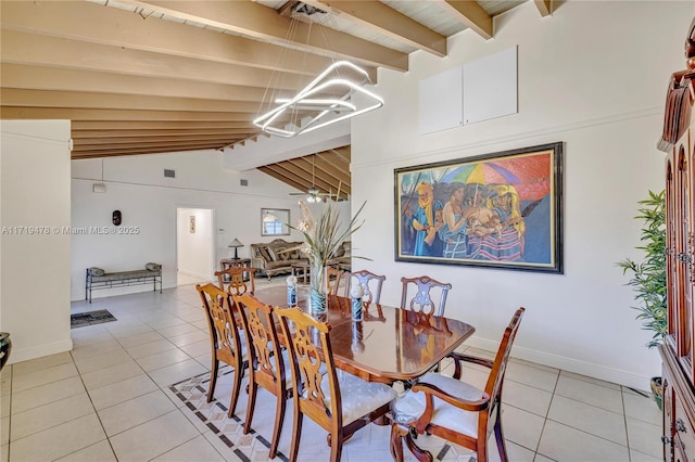 dining room featuring a chandelier, light tile patterned floors, vaulted ceiling with beams, and wood ceiling