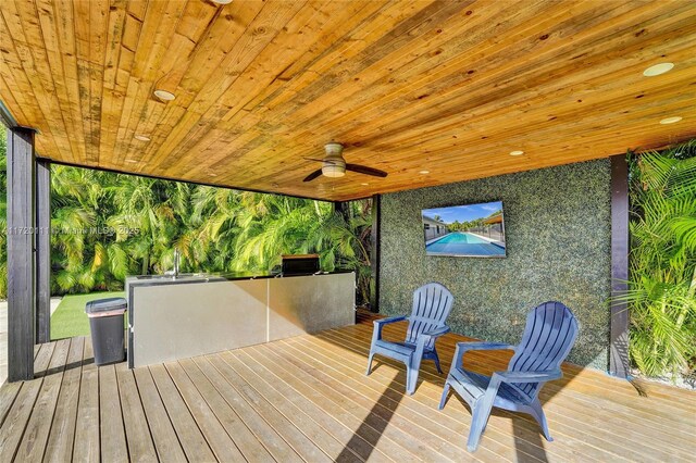 wooden terrace featuring ceiling fan