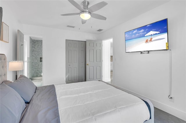 bedroom featuring ensuite bath, ceiling fan, and a closet