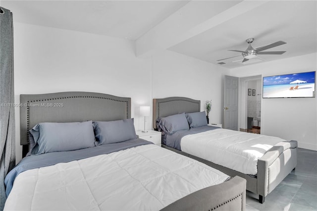 bedroom with beam ceiling and ceiling fan