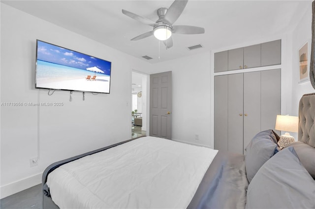 bedroom featuring ceiling fan and a closet