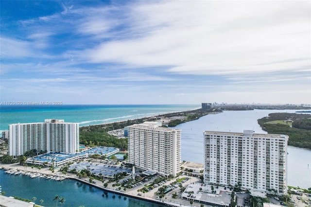 aerial view featuring a water view