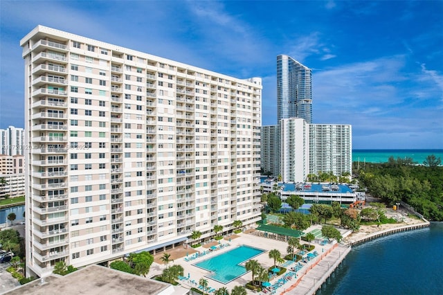 view of building exterior featuring a water view