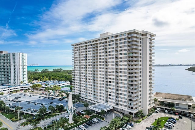 view of building exterior featuring a water view