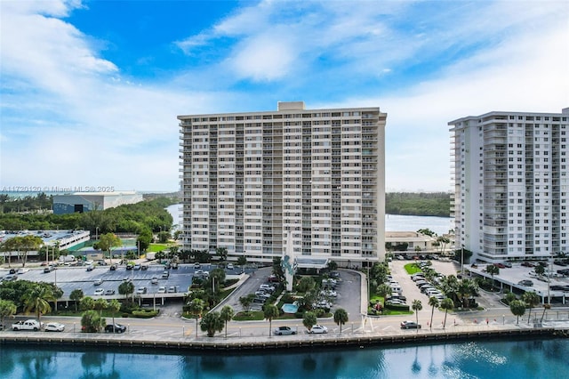 view of building exterior with a water view