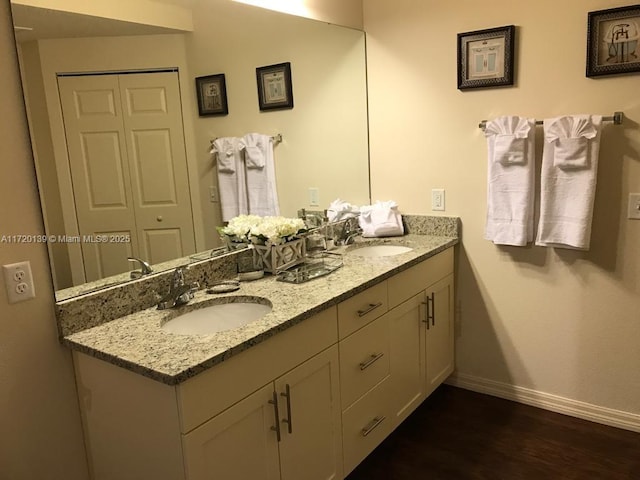 bathroom with hardwood / wood-style floors and vanity