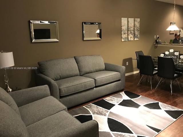 living room featuring dark wood-type flooring