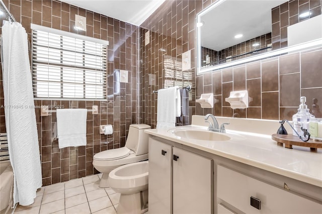 full bathroom with tile patterned flooring, a bidet, toilet, and tile walls