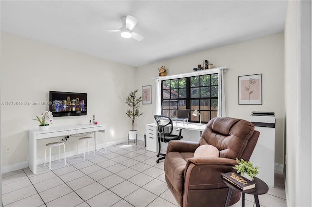 tiled living room featuring ceiling fan