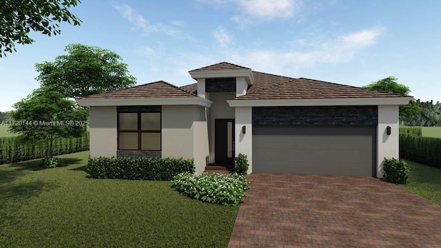 view of front facade featuring a garage and a front lawn