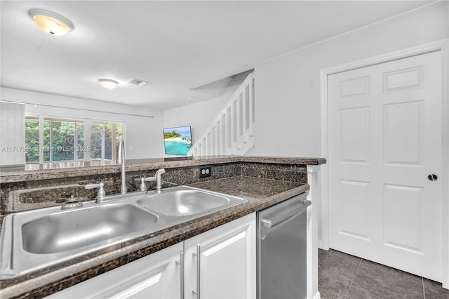 4923 SW 66th Ter Unit 4923, Davie, FL 33314 - kitchen with white cabinetry, stainless steel dishwasher, a sink, dark countertops, and visible vents