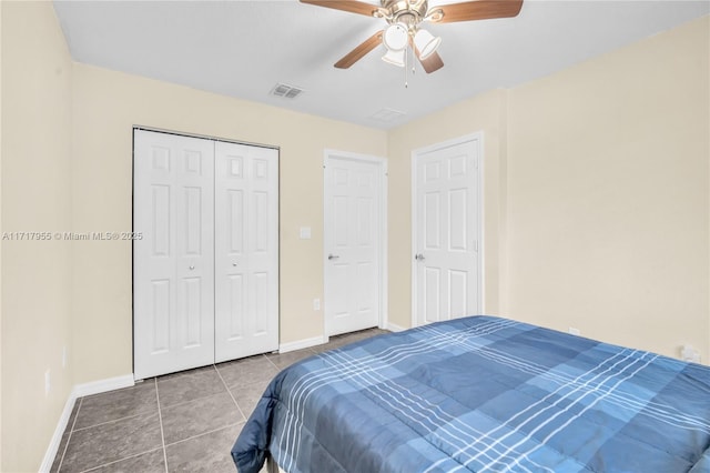 4923 SW 66th Ter Unit 4923, Davie, FL 33314 - tiled bedroom featuring visible vents, a closet, a ceiling fan, and baseboards