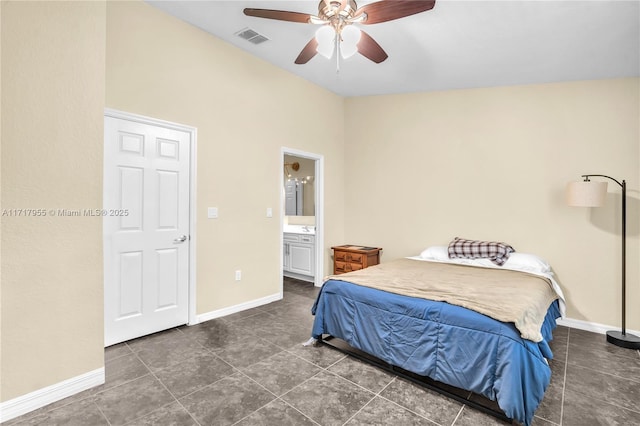 4923 SW 66th Ter Unit 4923, Davie, FL 33314 - tiled bedroom featuring ensuite bath, ceiling fan, baseboards, visible vents, and lofted ceiling