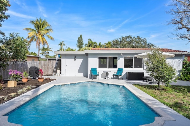 rear view of house featuring a patio, fence, a fenced in pool, and stucco siding