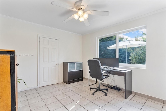 office area featuring a ceiling fan, crown molding, and light tile patterned flooring