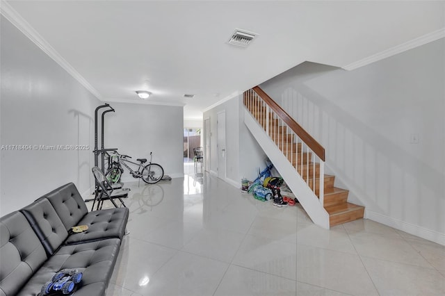 tiled living room with ornamental molding