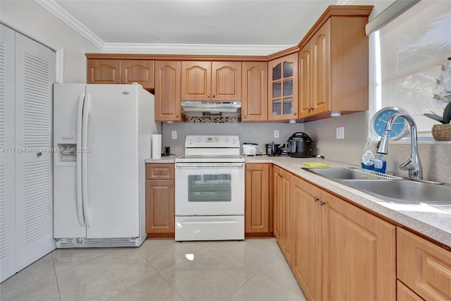 kitchen featuring sink, white appliances, light tile patterned flooring, ornamental molding, and backsplash