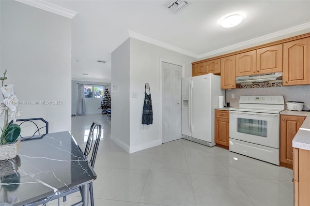 kitchen with white appliances, ornamental molding, backsplash, and light tile patterned floors