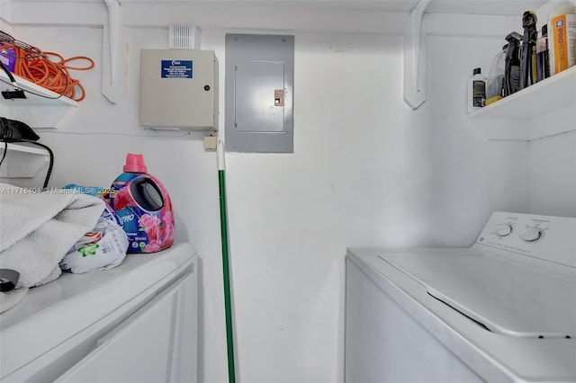 laundry area with electric panel and washer and clothes dryer