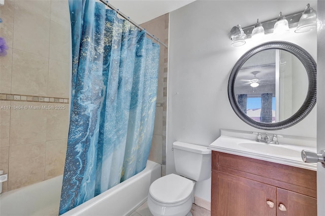 full bathroom featuring toilet, shower / tub combo, vanity, and ceiling fan