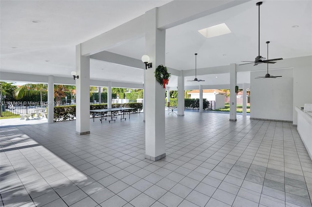 interior space featuring ceiling fan